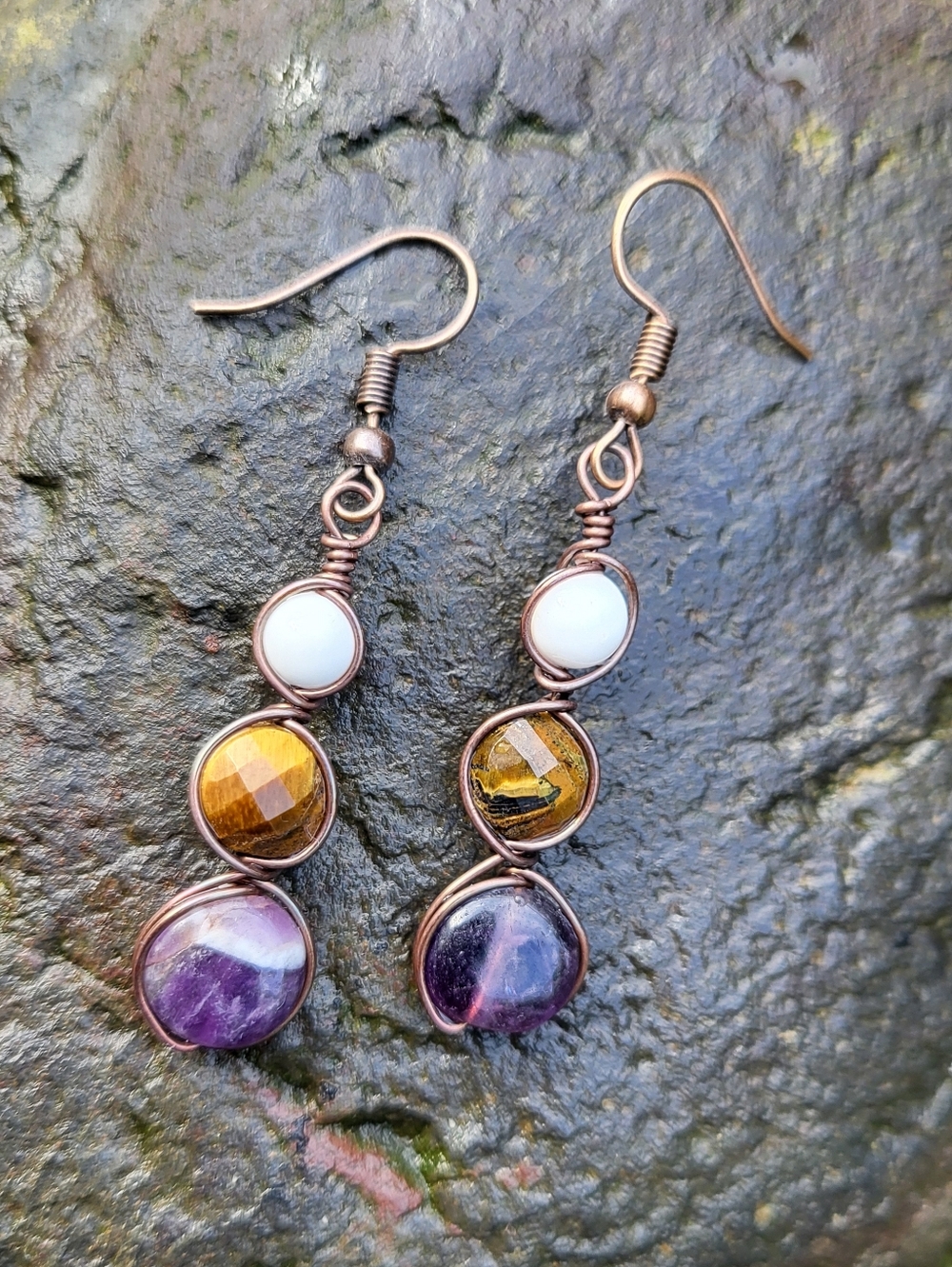 Tigers Eye & Amethyst Copper Earrings